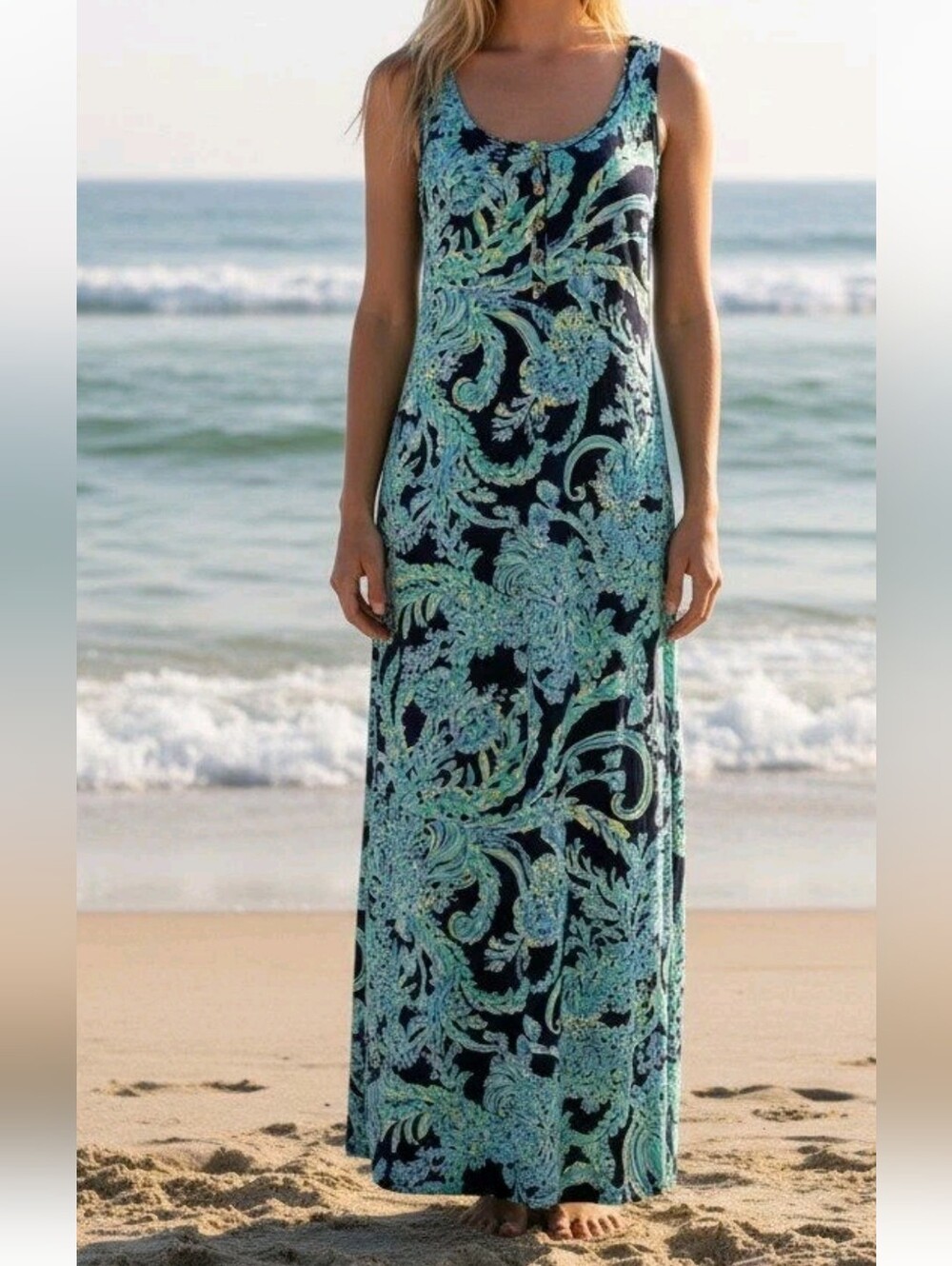 Lilly Pulitzer Size XL Blue Paisley Print Pima Cotton Merrill Maxi Dress 148.00